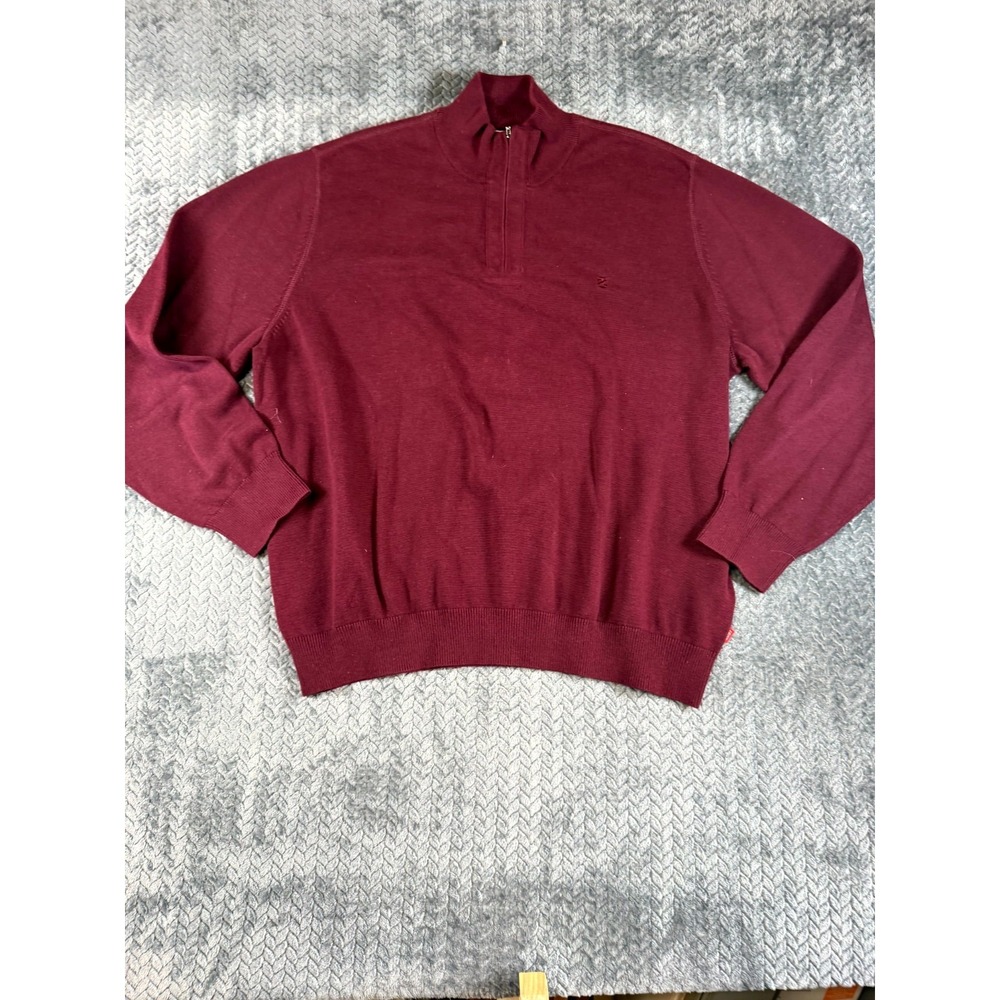 IZOD Sweater Mens 2XL Burgundy Knit Cotton Logo Quarter Zip Mock Neck Outerwear